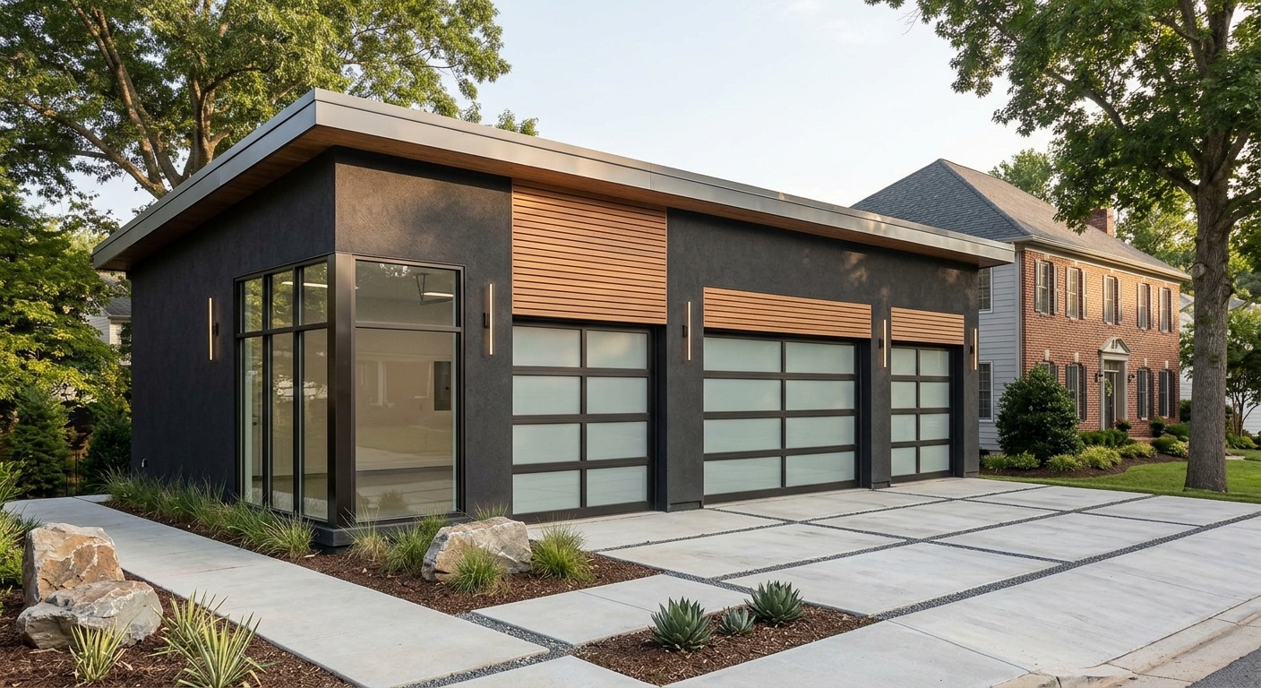Modern 3-car garage with dark stucco, cedar accents, and sleek glass-panel doors