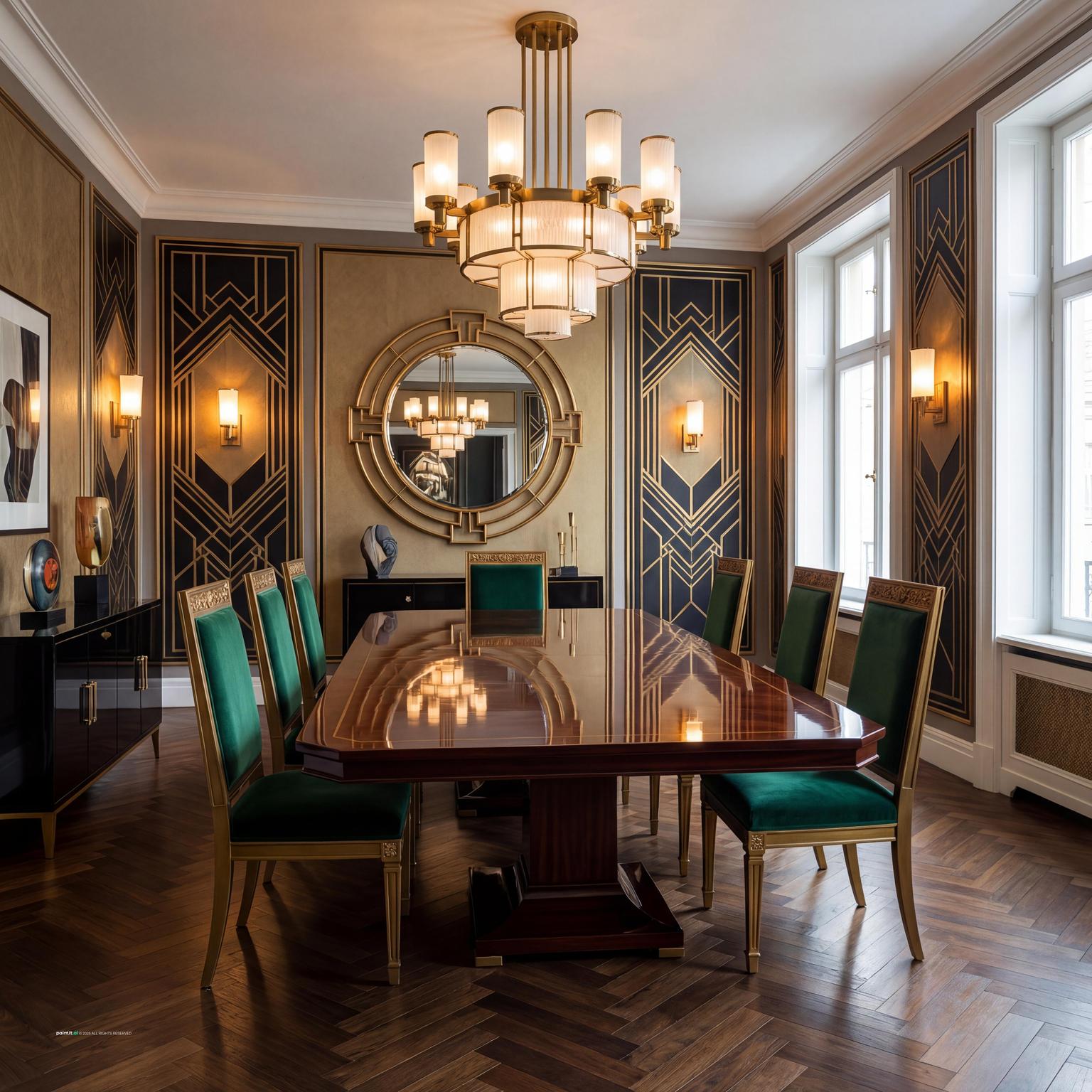 Luxurious Art Deco Dining Room with Brass Details for 1920 Interior Design Style