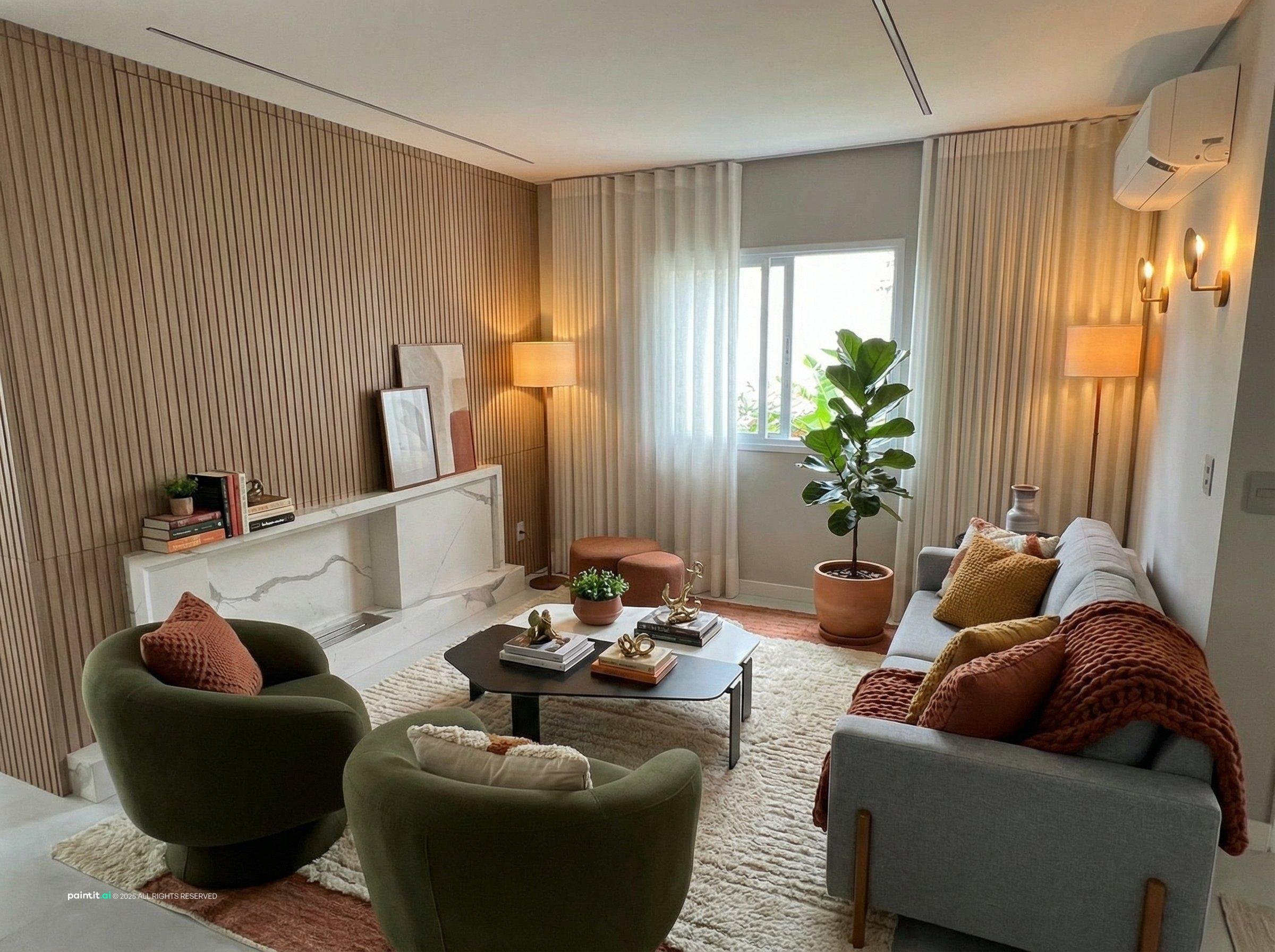 Living room with a grey sofa, olive boucle armchairs, a wood slat wall and warm lamps