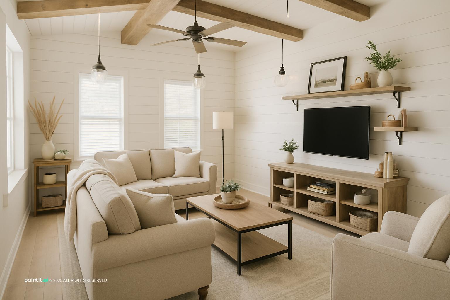Modern farmhouse living room with white shiplap walls, a mounted TV, wall shelves and cream sofas