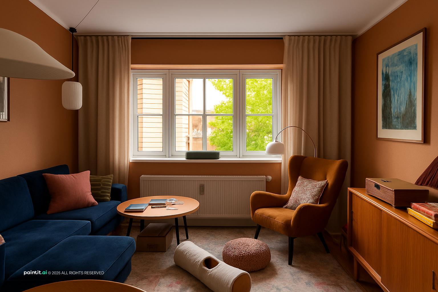 Living room with a navy sofa, terracotta walls and a rust armchair