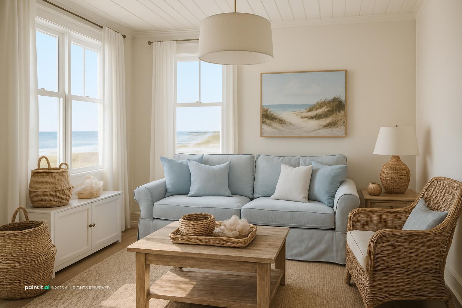 Old Florida coastal interior with rattan wicker seafoam coral beadboard and tropical vintage details 11