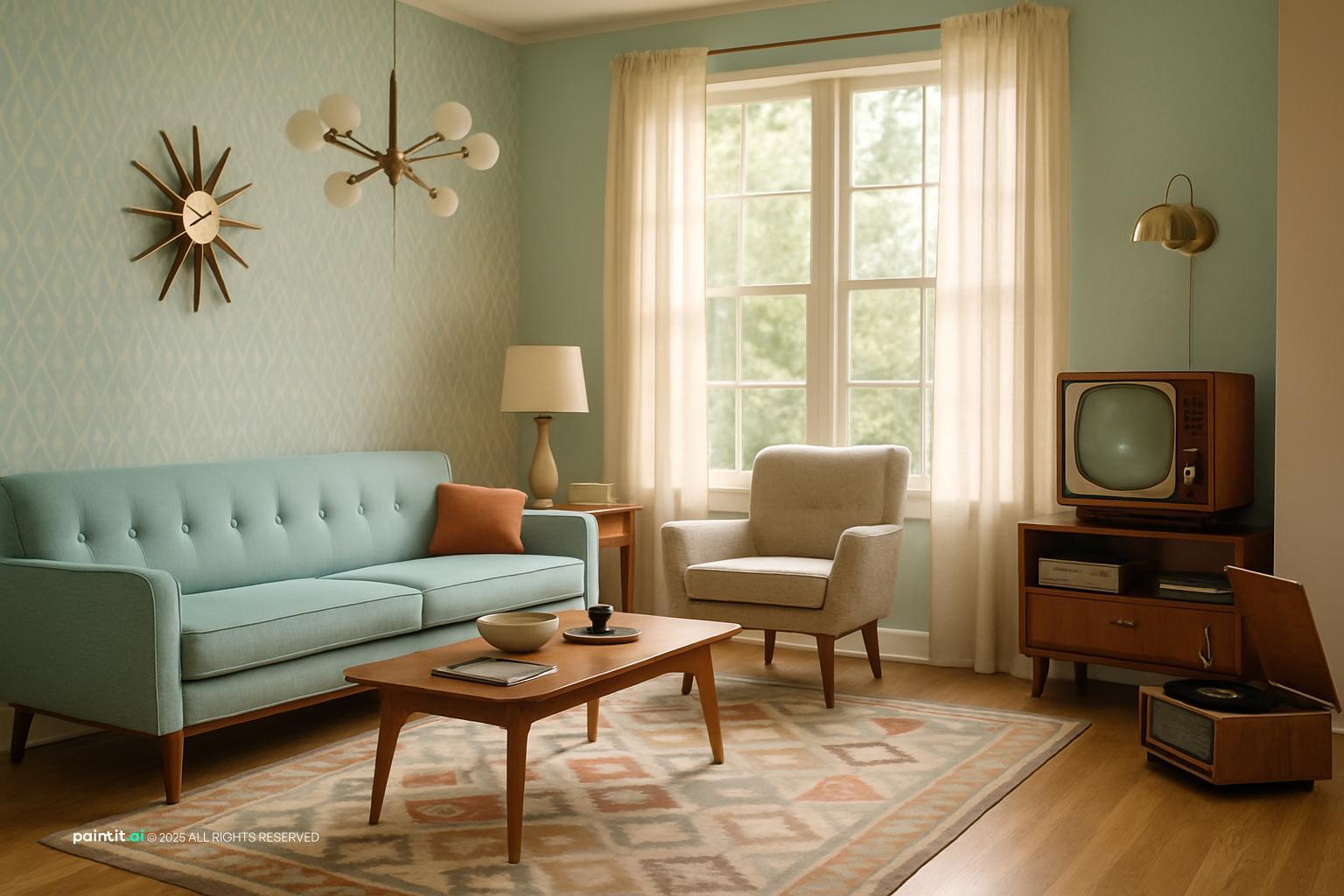 Small vintage living room with a mint green sofa, a wooden console and an old television set