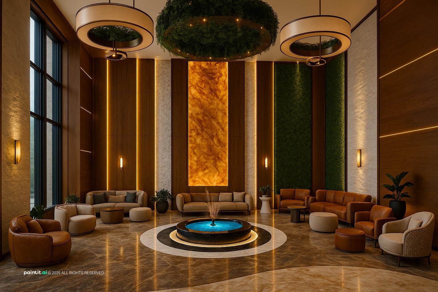 Hotel lobby with a glowing onyx column, a round fountain and warm leather seating