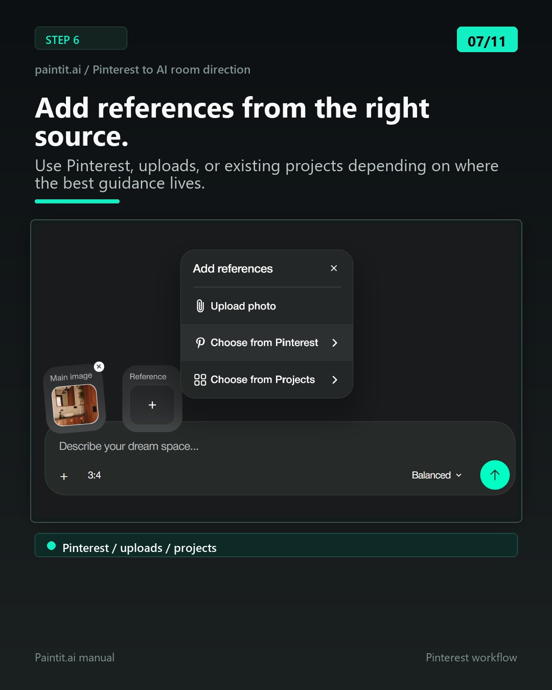 Paintit.ai reference menu showing options to upload a photo, choose from Pinterest, or choose from existing projects.