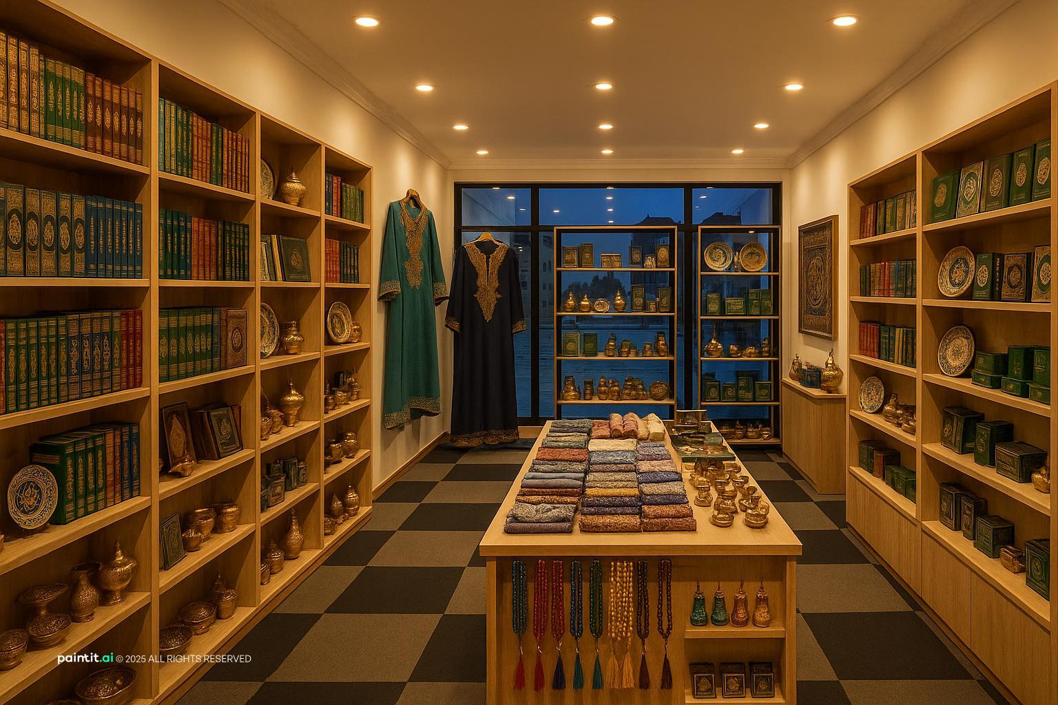 Small gift shop with floor-to-ceiling wooden shelves of books, souvenirs and gifts around a central display table