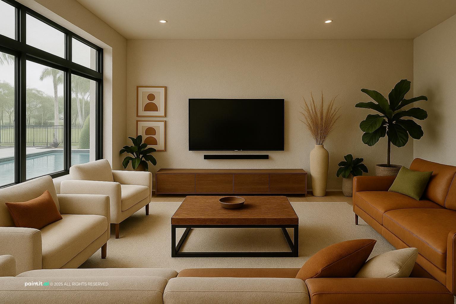 White living room with black-framed windows, a cream sofa, a leather armchair and a wooden coffee table