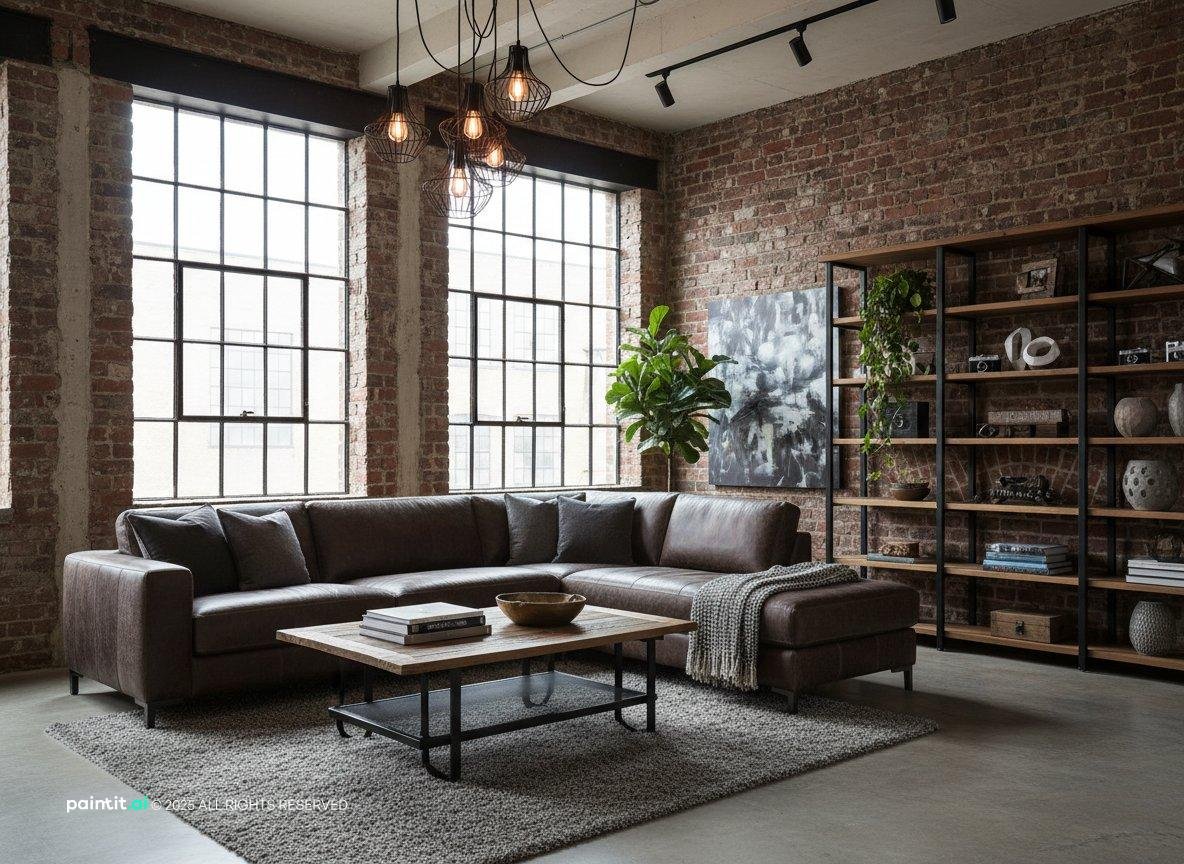 Loft living room with exposed brick, large steel-framed windows, a grey sectional and open shelving