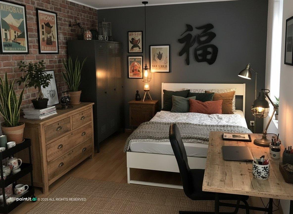 Bedroom with a calligraphy panel, dark walls, a wooden dresser, a desk and plants