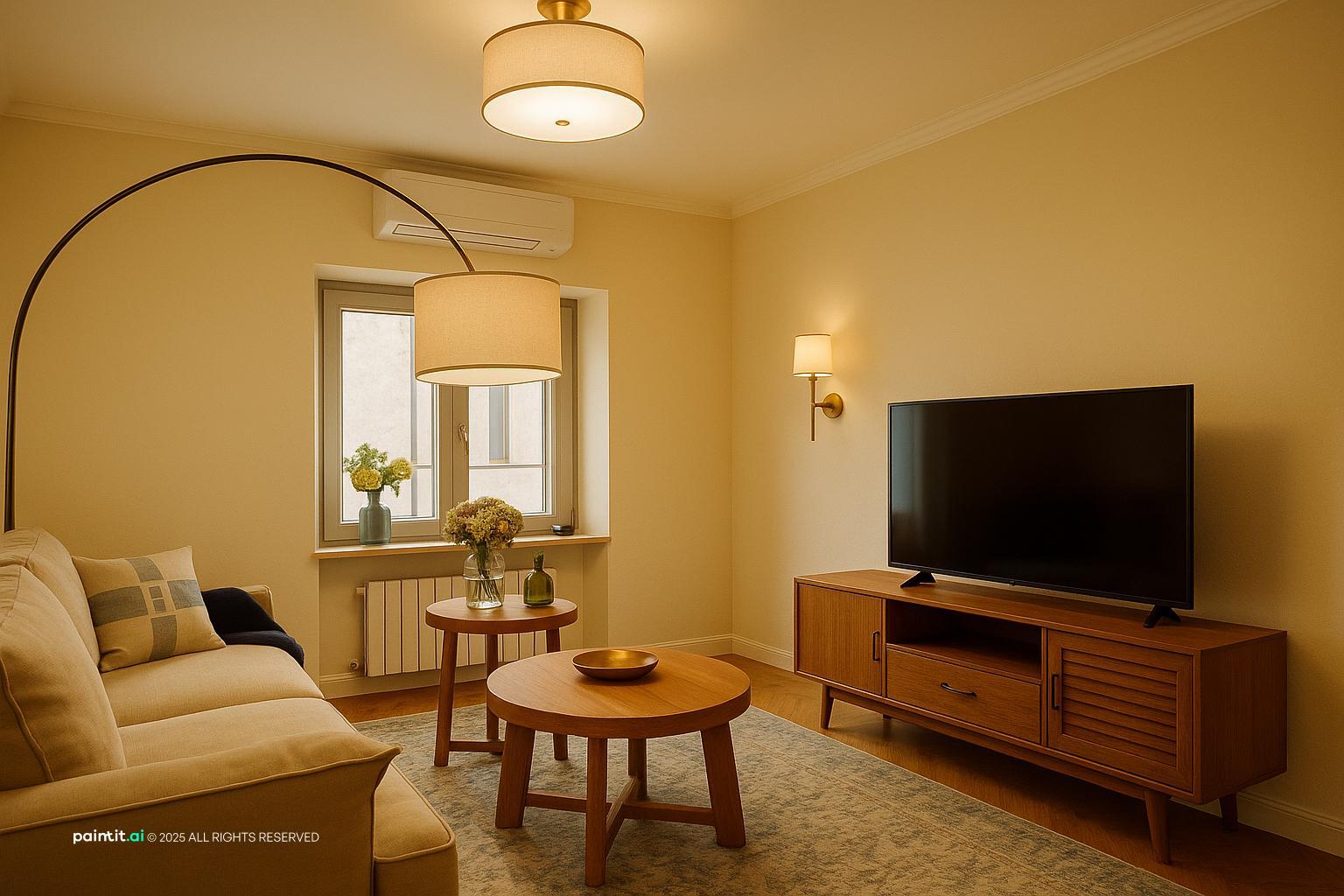 Living room with yellow walls, an arc lamp, a round wooden coffee table and a TV console