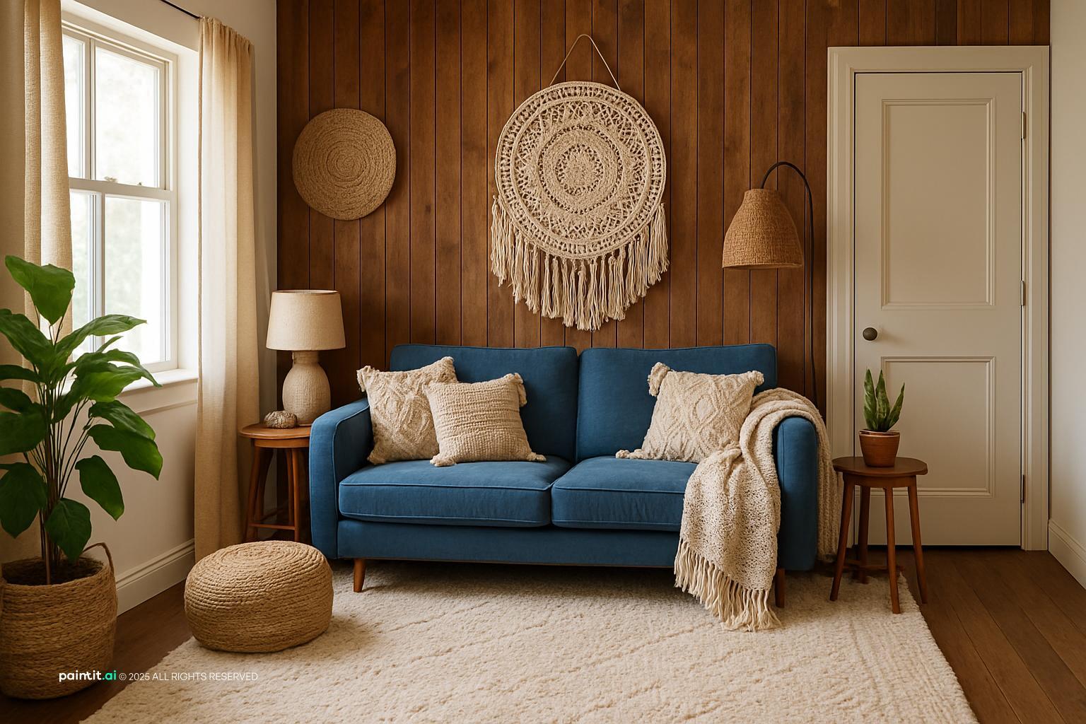 Boho living room with a blue sofa, a large macramé dreamcatcher and a pouf