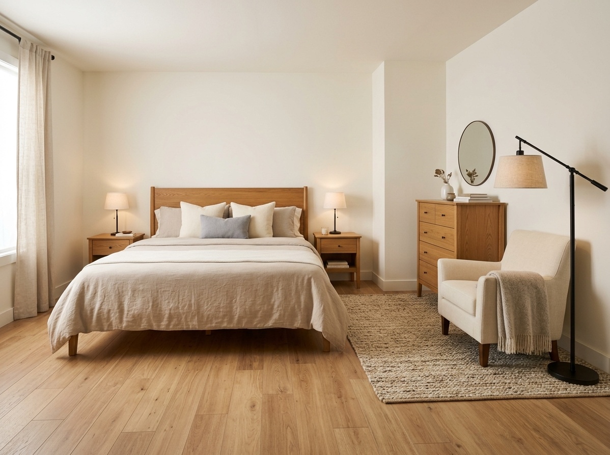 Master bedroom with L-shaped furniture arrangement &mdash; bed on back wall,  dresser and reading armchair on the adjacent side wall with area rug