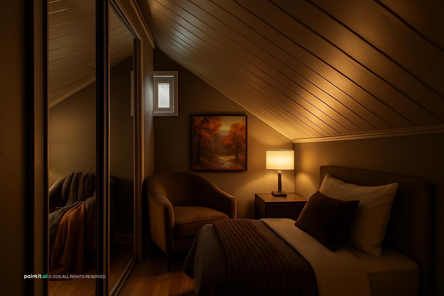 Hotel room under a sloped ceiling with dark wood panelling, a taupe armchair, soft throws and a table lamp