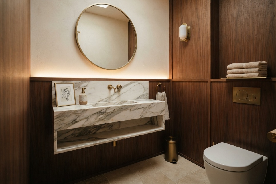 photorealistic powder room, quiet luxury style, marble sink, walnut wood wall paneling, brass accents, ambient lighting