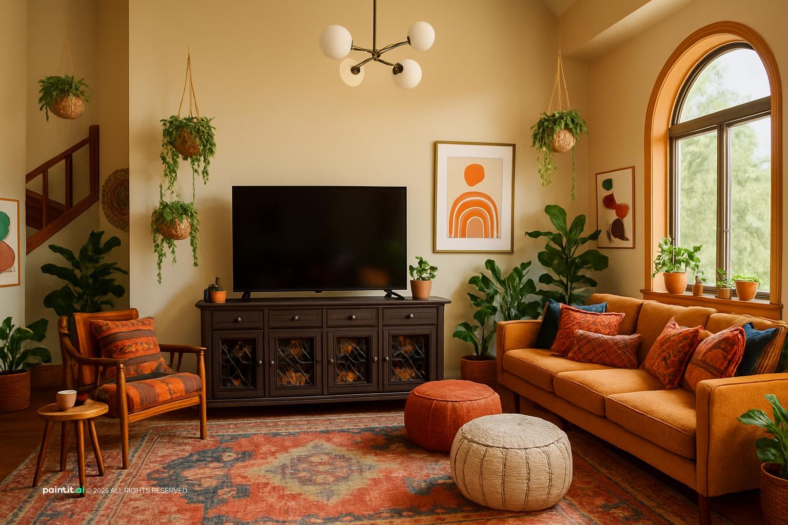 Boho living room with an arched window, a rust sofa and hanging plants
