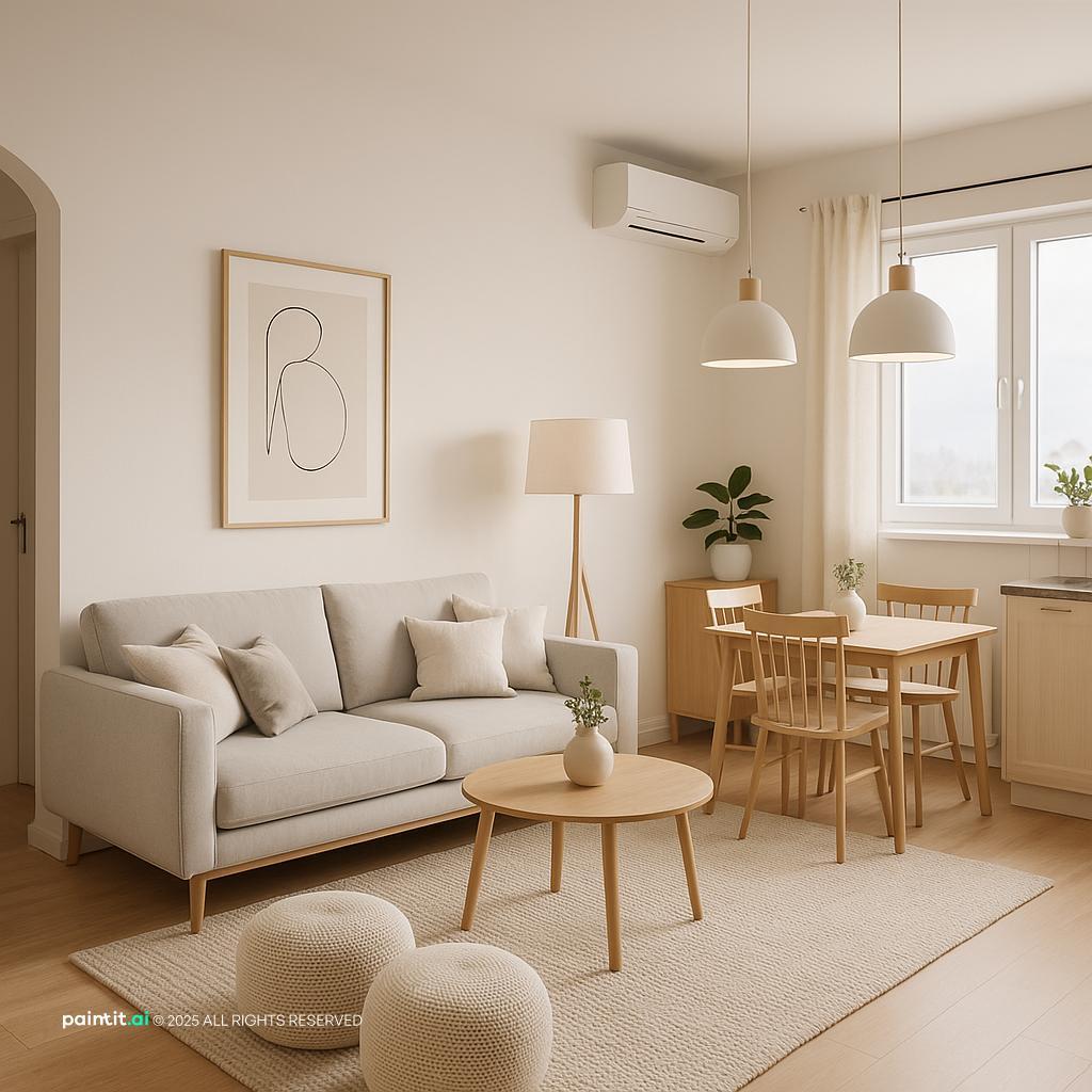Scandinavian living room with a white sofa, a round wooden coffee table, a wooden dining set and a woven rug