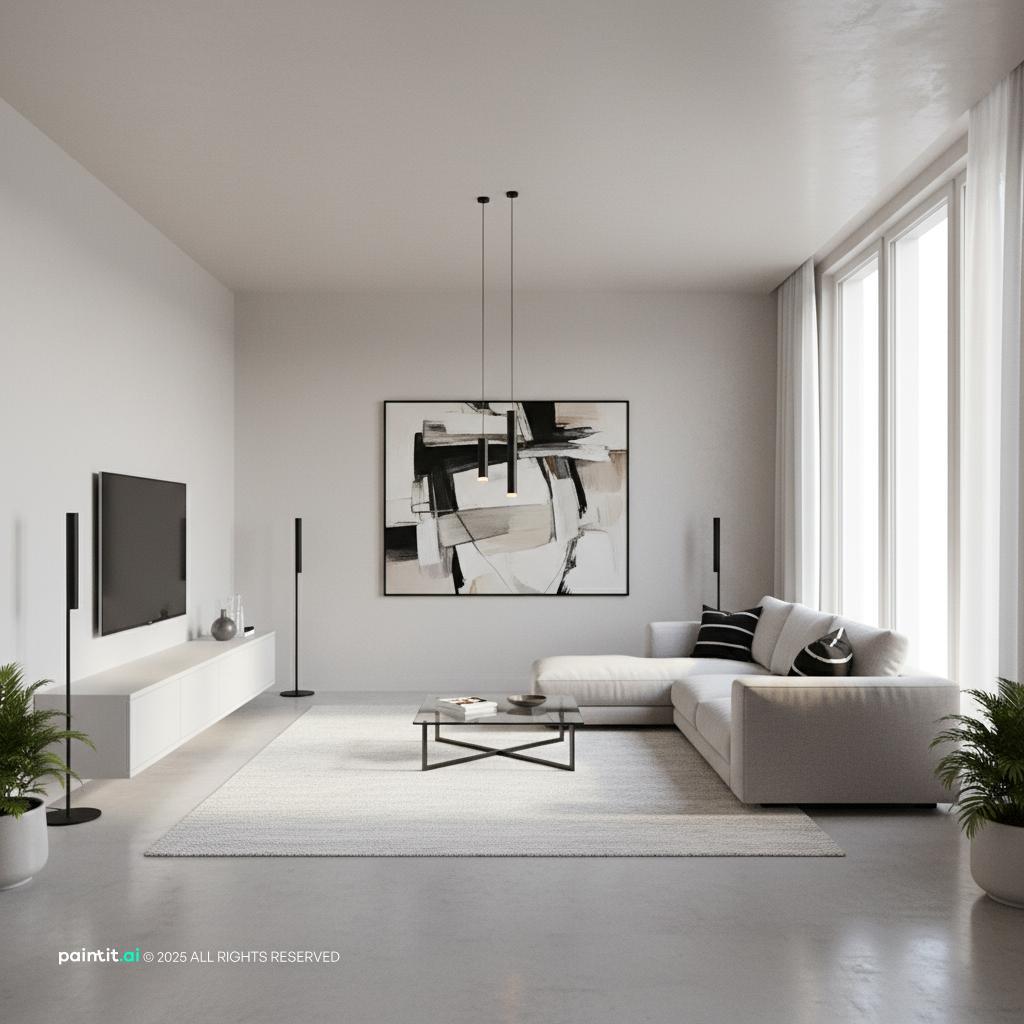 Minimal white living room under cool white light with a gray sofa and black-and-white art