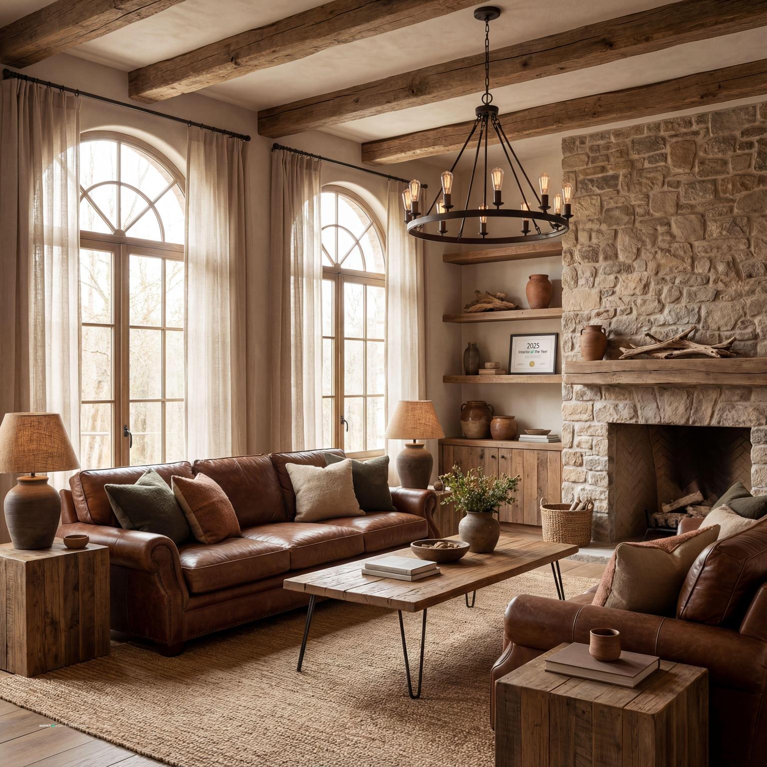 Stunning rustic-style living room with exposed wood beams, natural textures, and a cozy, earthy color palette reminiscent of a 70s retreat.