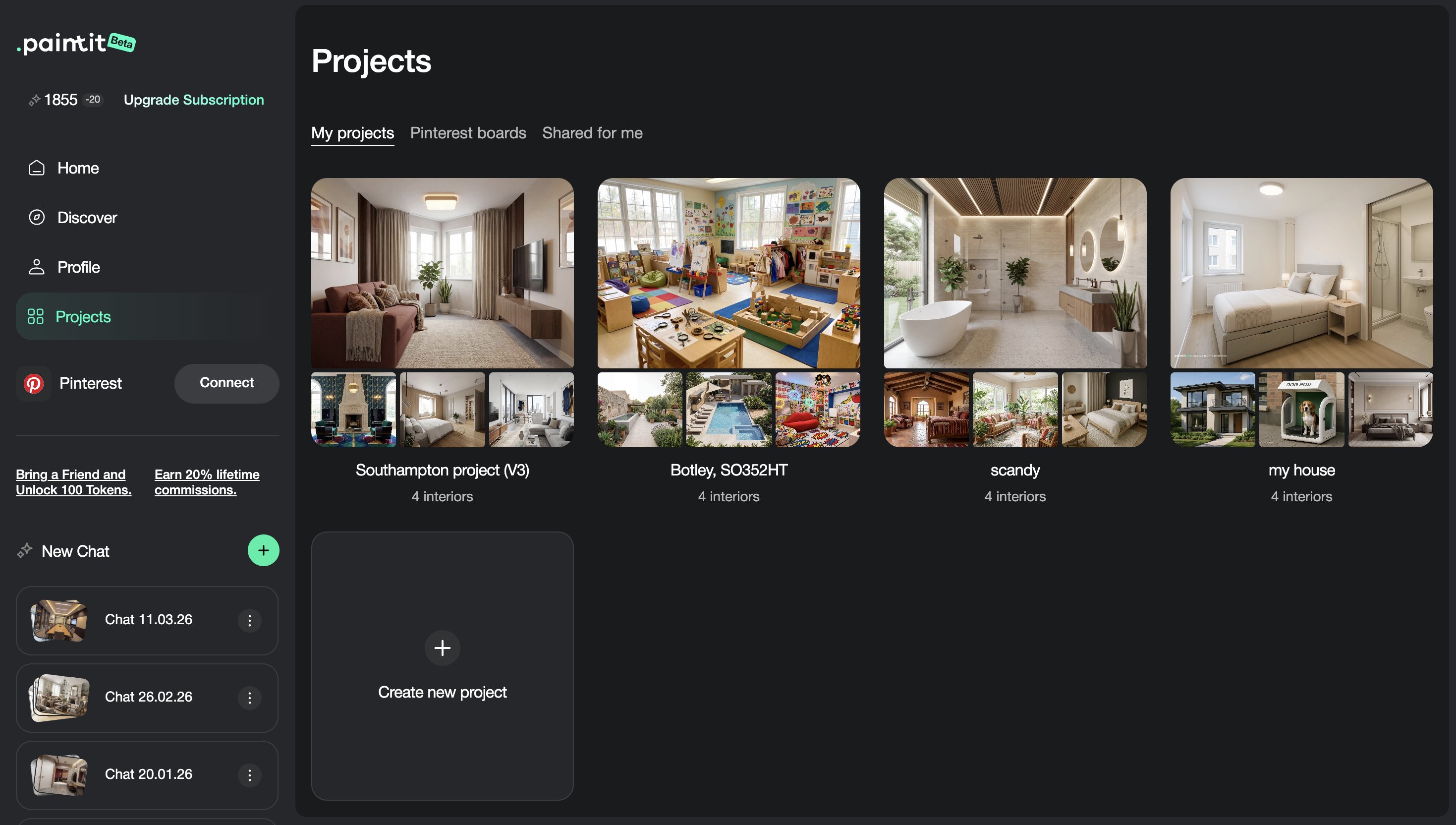 Projects page showing saved room concepts in Paintit.ai