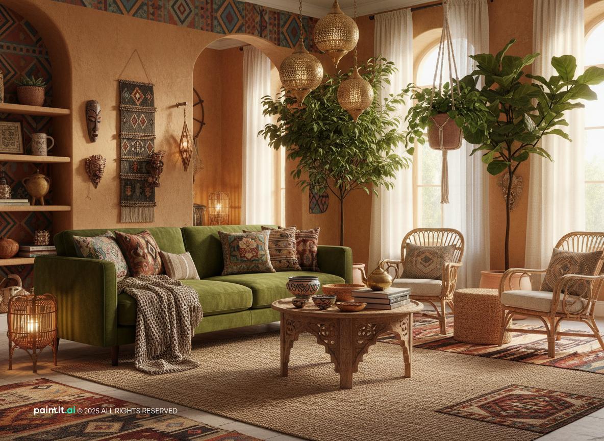 Boho living room with a green velvet sofa, carved wood tables, rattan chairs and plants