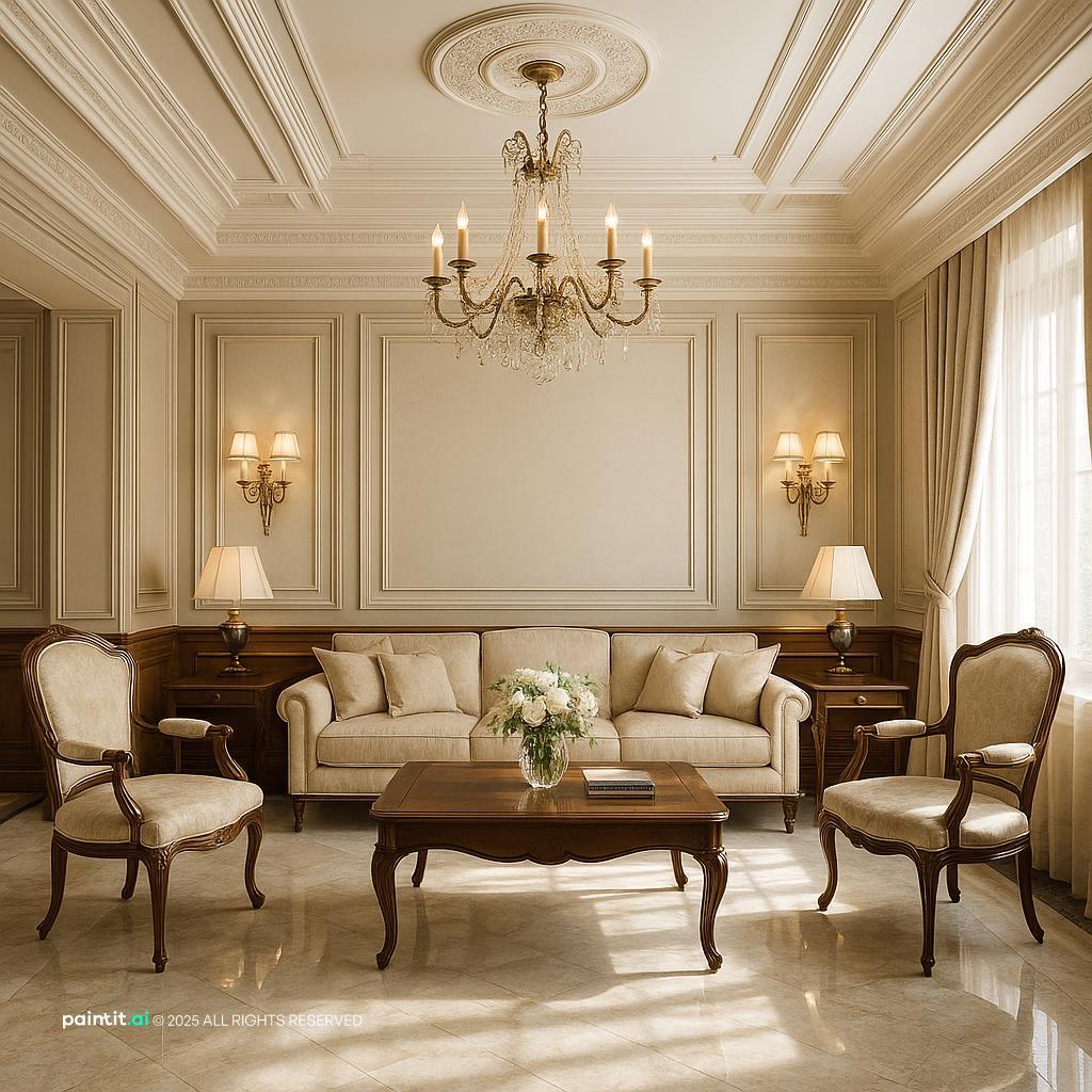 Elegant Neoclassic Living Room Design showing layered neutrals, natural light for Living Room Trends 2026.