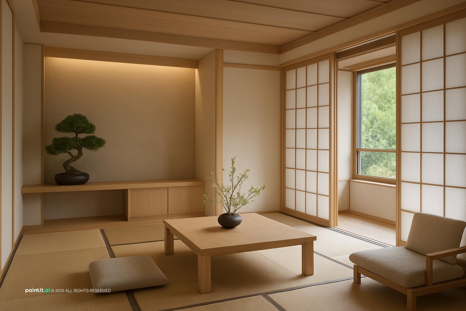 Zen Japanese Minimalist Living Room - Elegant Interior Concepts | Paintit.ai - 5