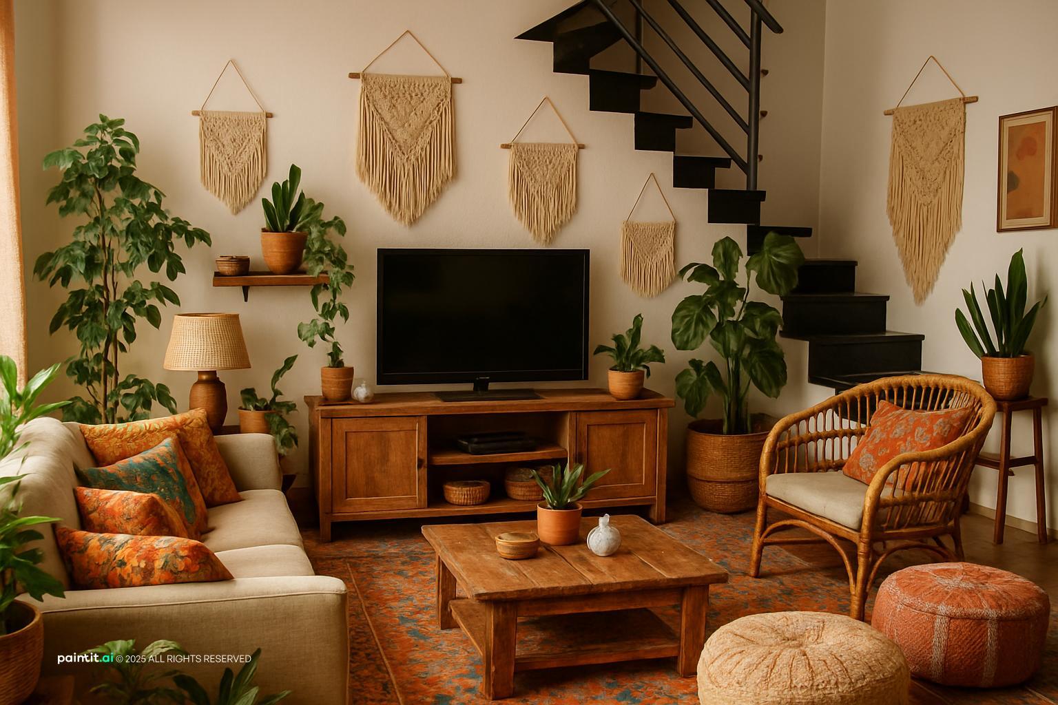 Boho living room with macramé hangings, a wooden TV unit, rattan chairs and poufs