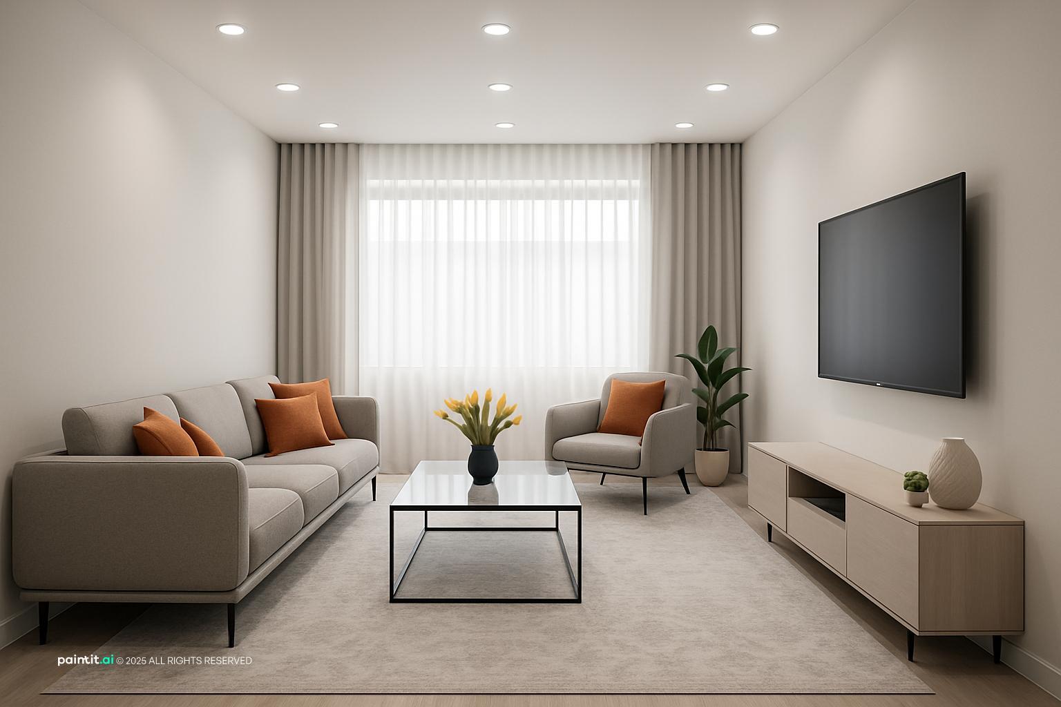 Contemporary living room with a grey sofa, a wall-mounted TV above a low cabinet and orange cushions