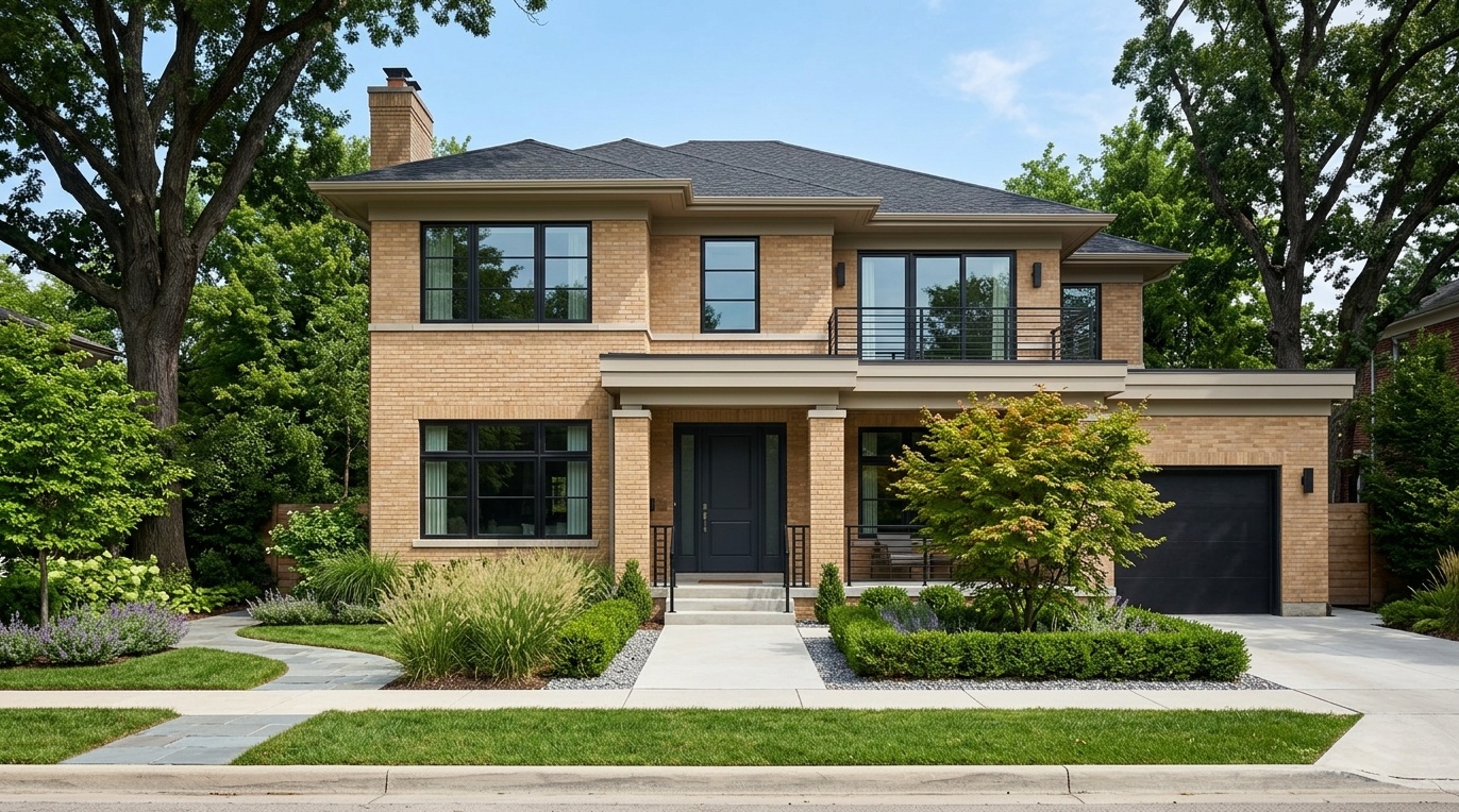 buff/tan brick house with soft greige trim