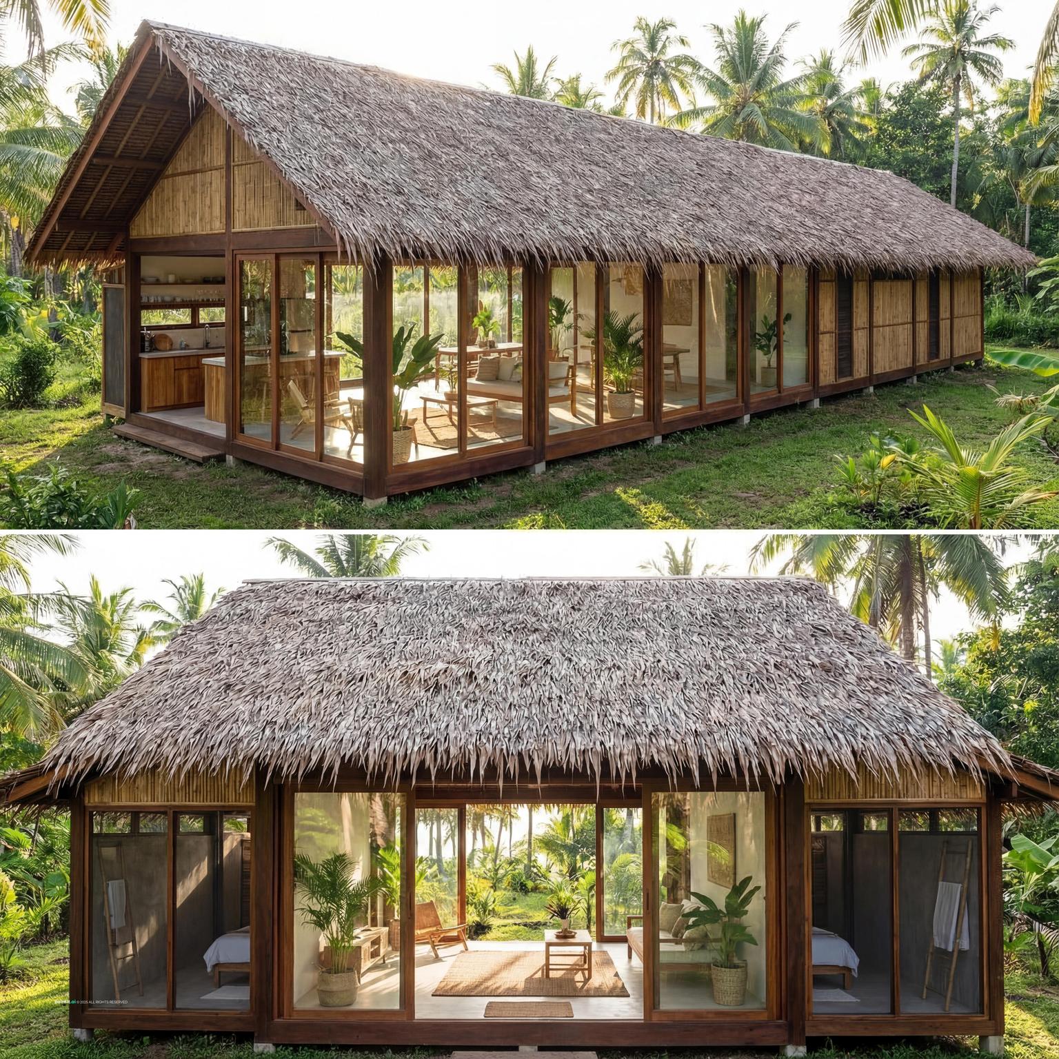 Tropical-Style House Design with Glass Windows with daylight and wood and a calm living room atmosphere.
