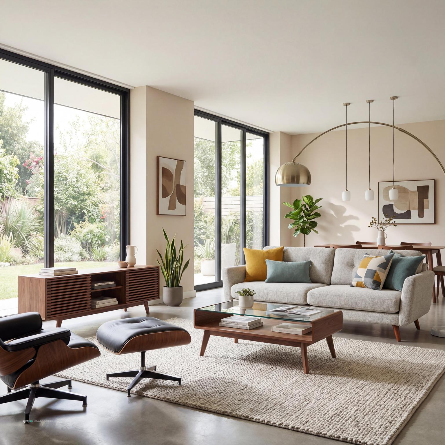 Stunning Mid-Century Modern living room design, featuring warm wood tones, earthy colors, and iconic 70s furniture.