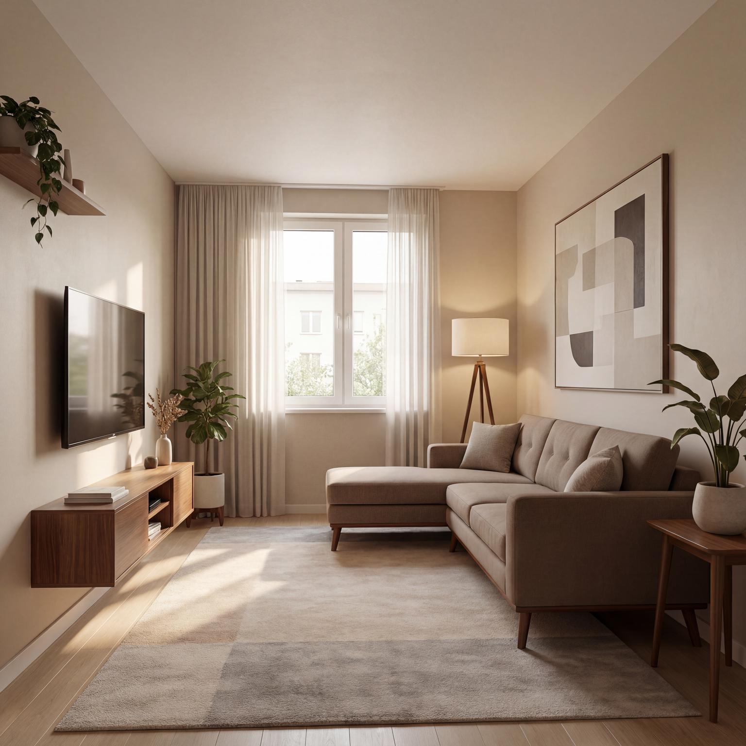 Minimalist 1950s living room design blending mid-century modern lines with uncluttered spaces, natural light, and functional elegance.