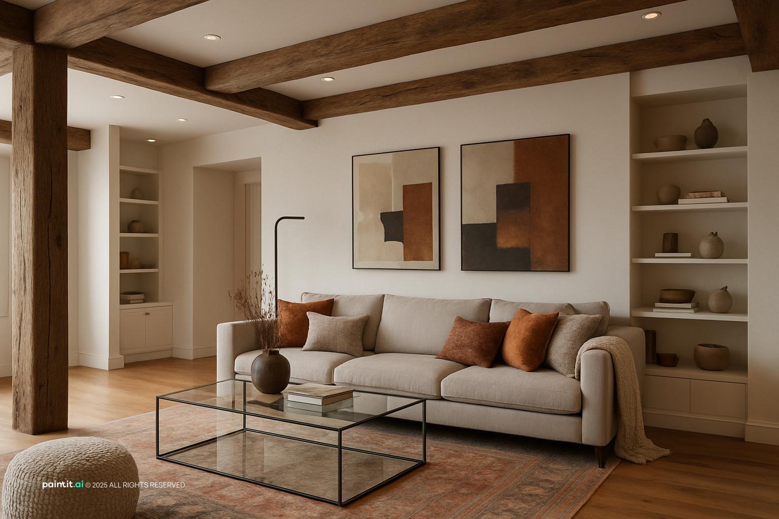 built in living room with natural textures and a calm living room atmosphere.