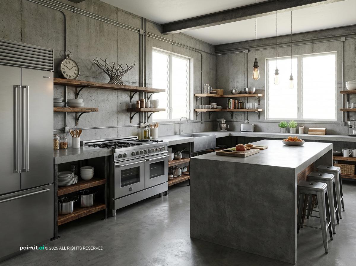 Industrial kitchen with a concrete island, stainless steel appliances and open metal shelving