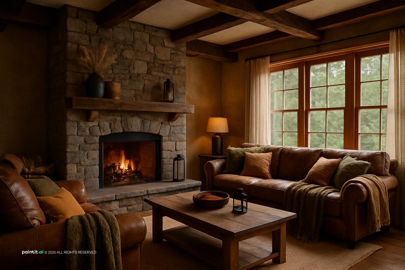 Frank Lloyd Wright inspired interior design visual reference 8: warm wood and earth-tone palette