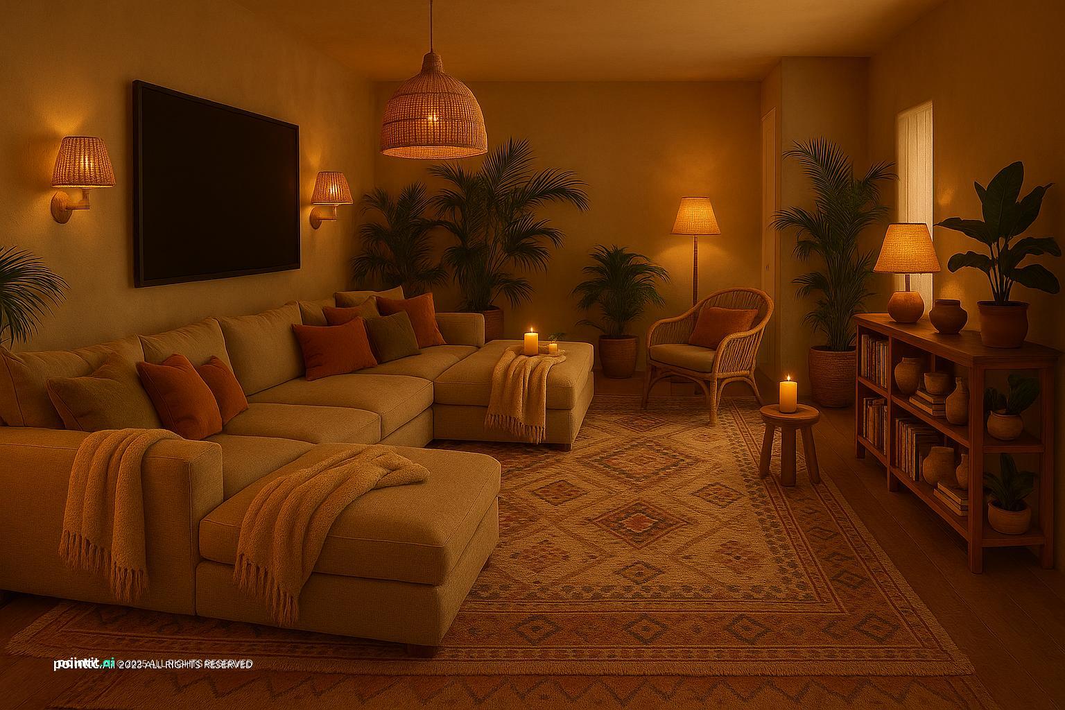 Tulum-inspired family room with a deep sectional, a woven pendant, warm lamps and plants