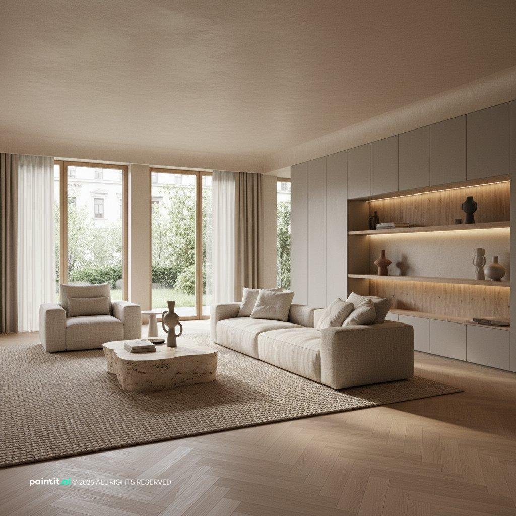 Living room with a built-in wall of lit shelving holding only a few ceramics