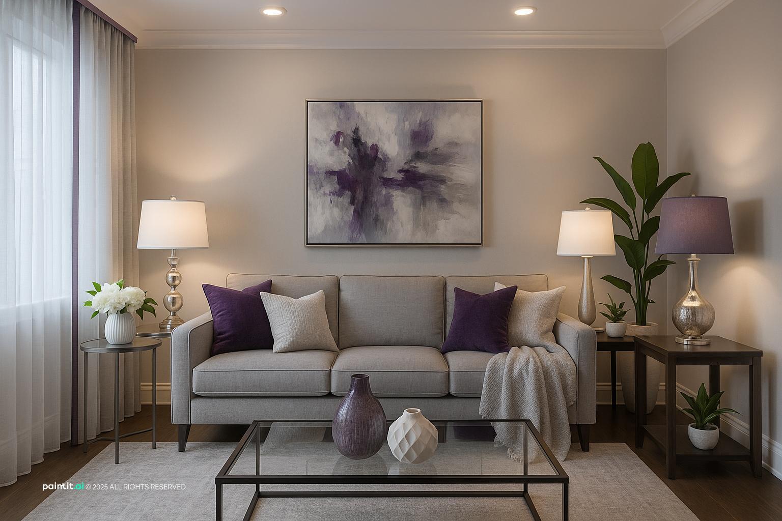Purple and Grey Living Room Ideas with Grey Palette and Purple Accents showing grey palette, purple accents, soft textiles for Purple and Grey Living Ro...