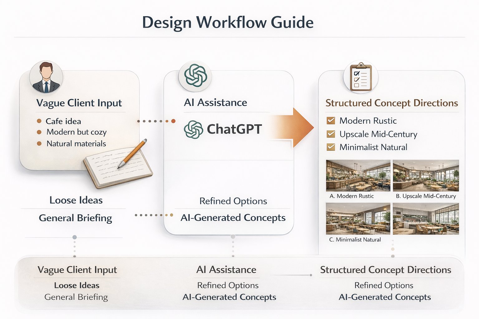 Educational visual showing how Paintit.ai helps designers move faster from vague client input to clearer concept directions