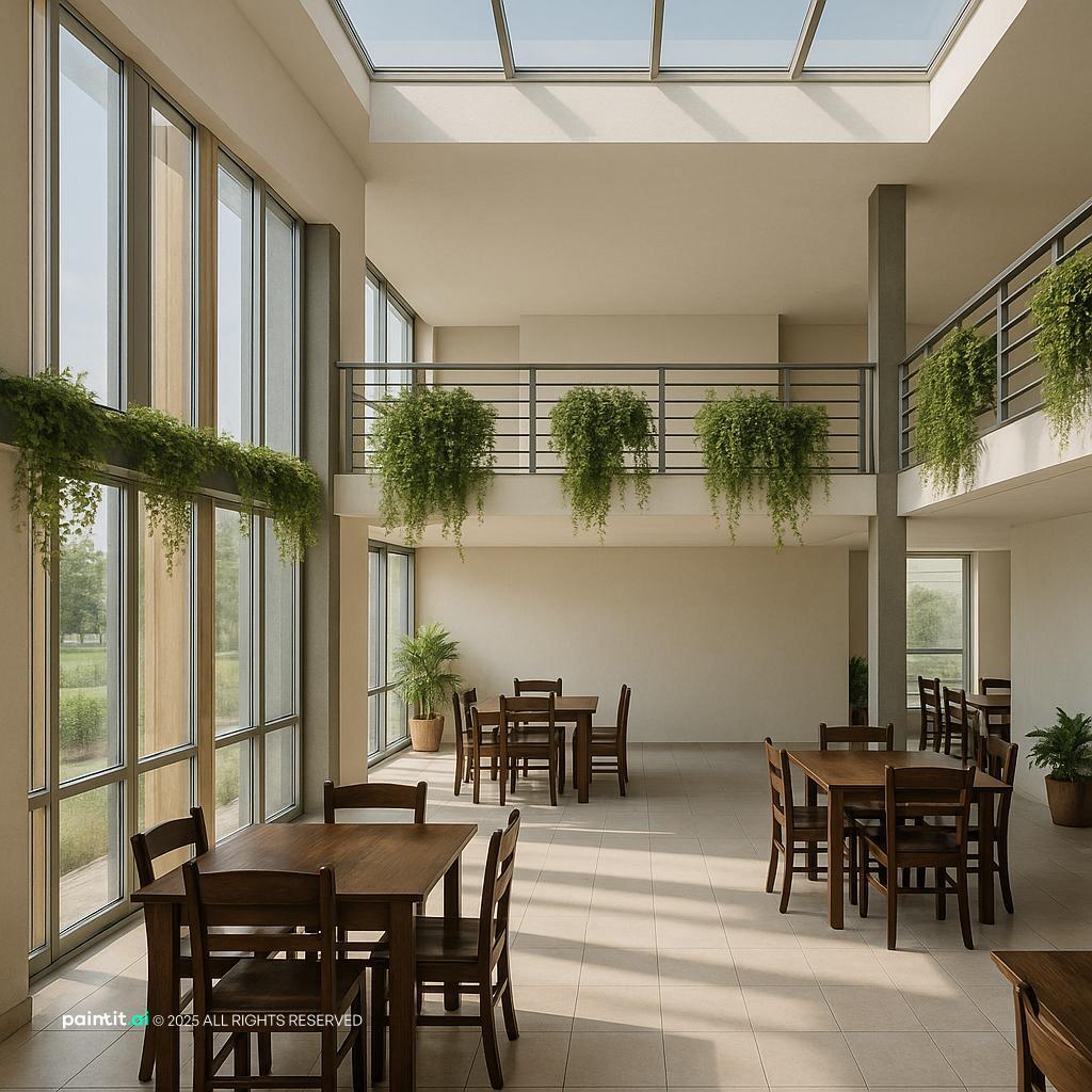 Double-height senior dining room with floor-to-ceiling windows, a skylight, trailing plants and dark wood tables for four