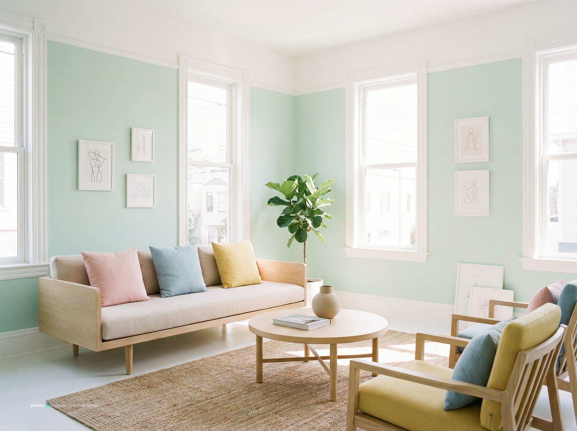 White Living Room with Green Accents - Design Inspiration | Paintit.ai - 3