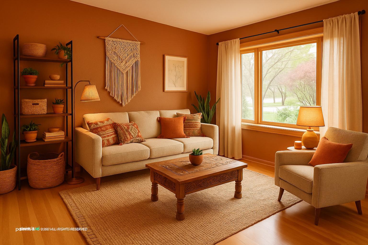 Boho living room with orange walls, a cream sofa, macramé and a wooden coffee table