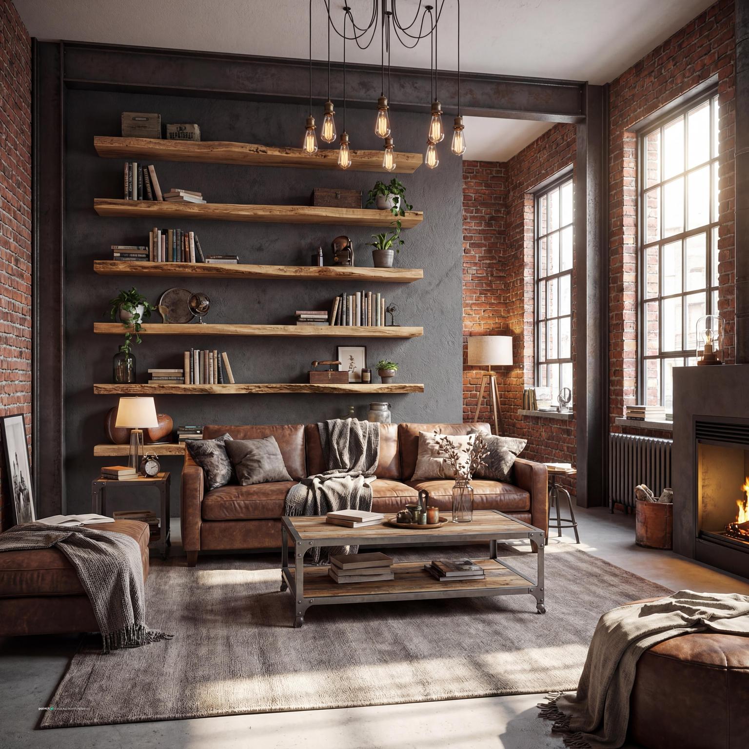 Stylish industrial barndominium living room design featuring exposed beams, metal accents, and comfortable seating.