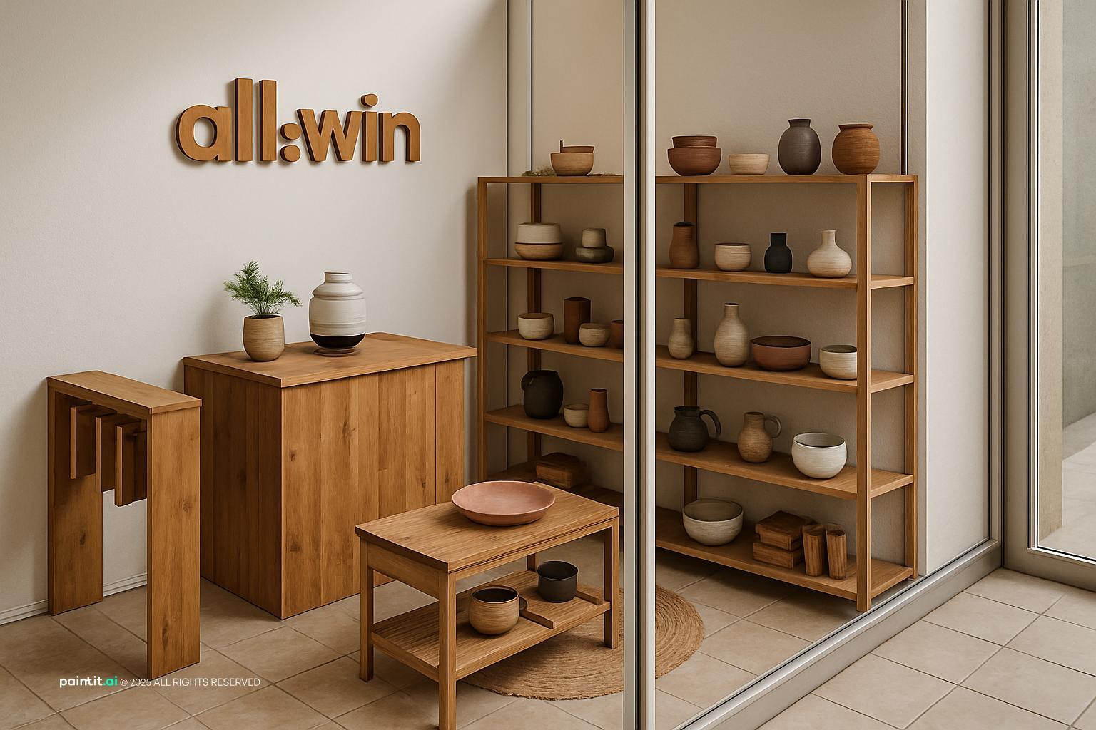 Very small retail space with a wooden merchandise stand, open shelves and ceramic products