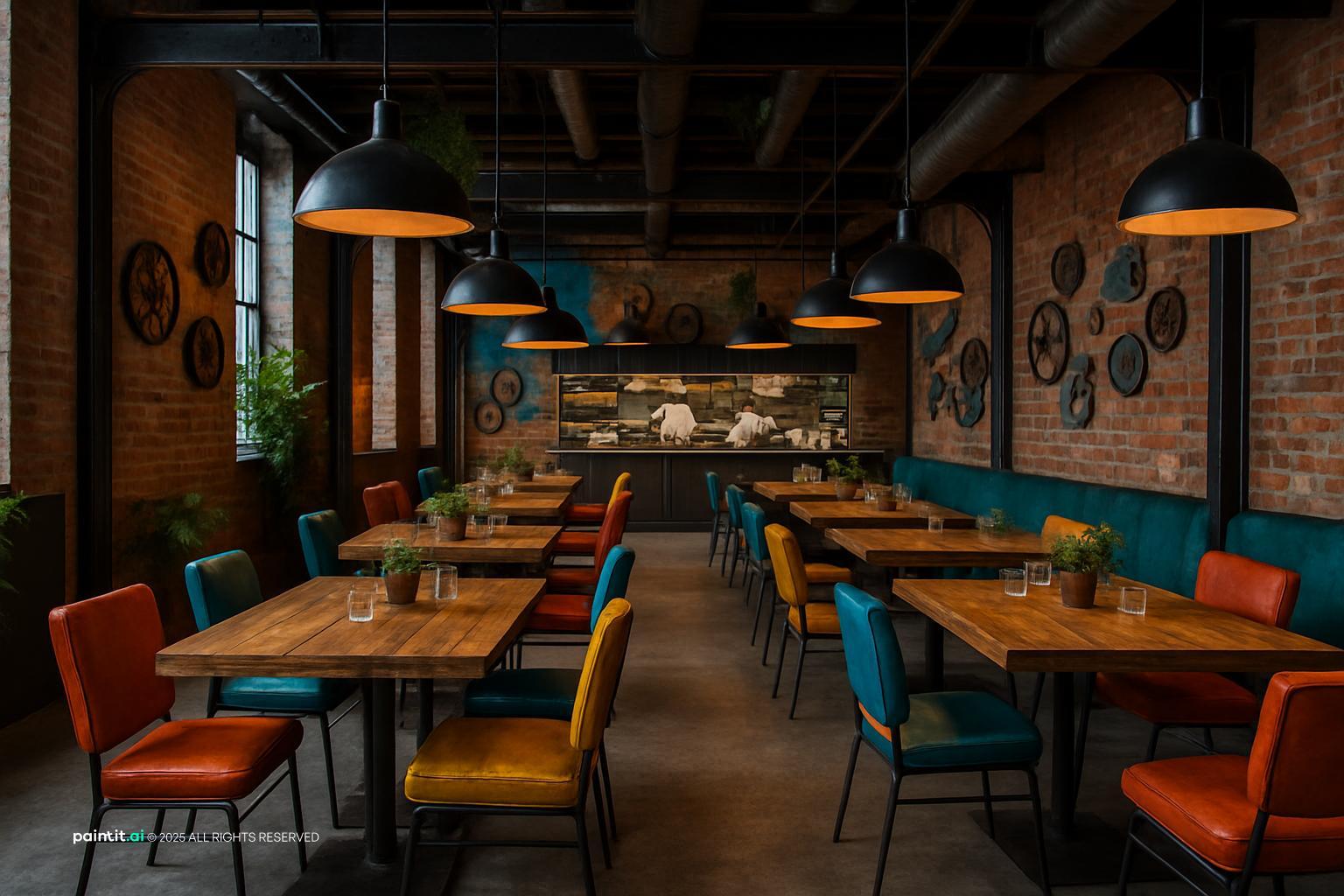 Industrial-style restaurant with brick walls, black pendant lamps, wood tables and chairs in orange, teal and blue