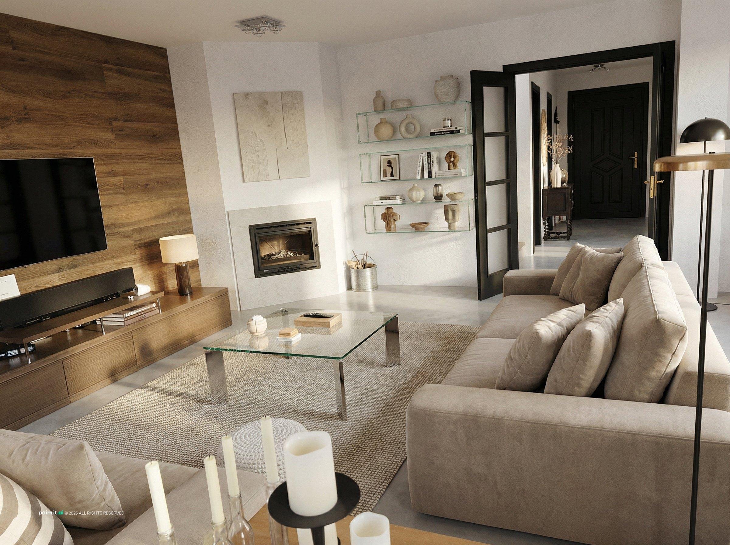 Living room with a reclaimed wood accent wall around the TV and a cream sectional