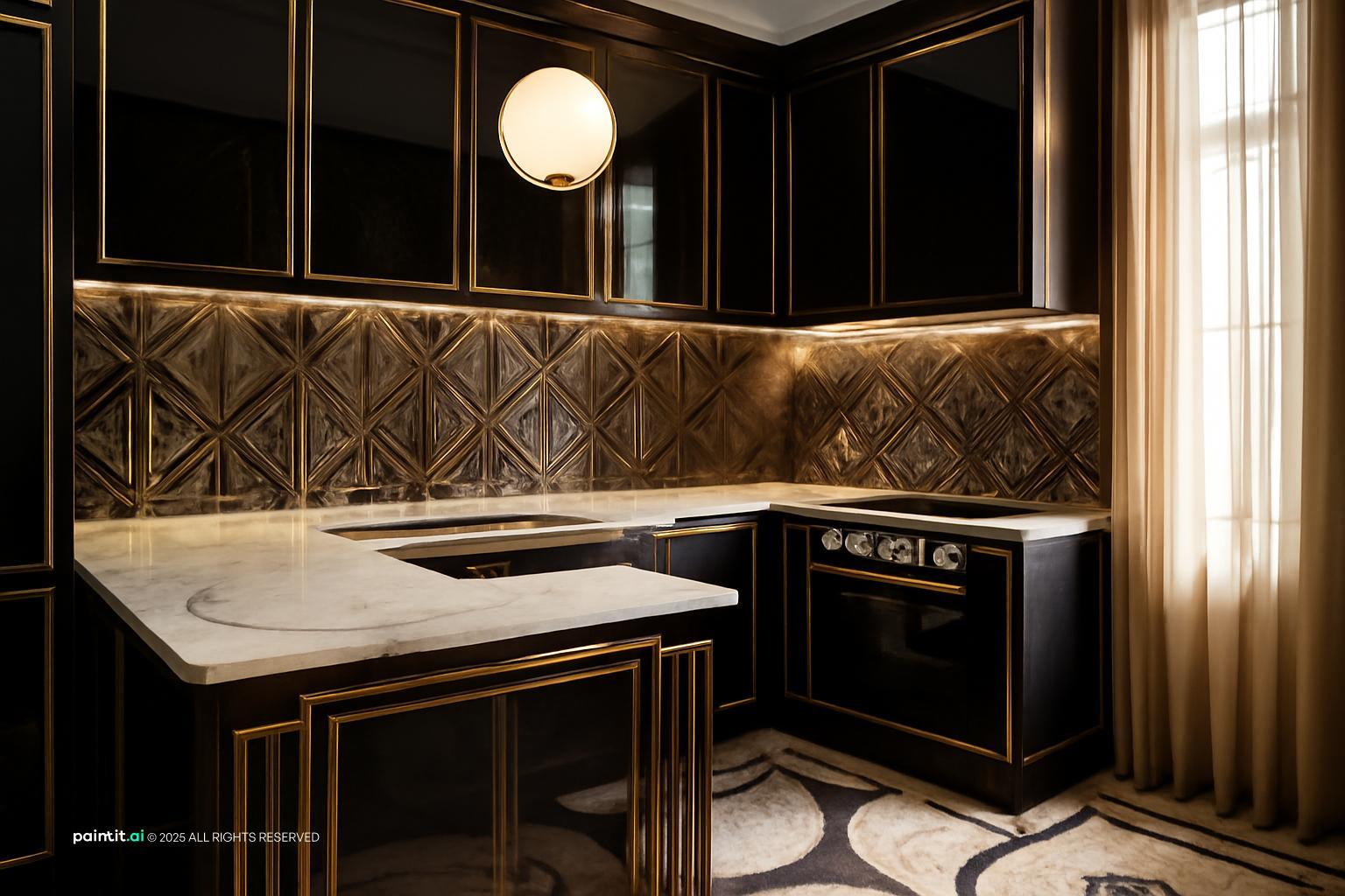 Art Deco kitchen with black cabinets, gold trim, a patterned backsplash and a white marble counter