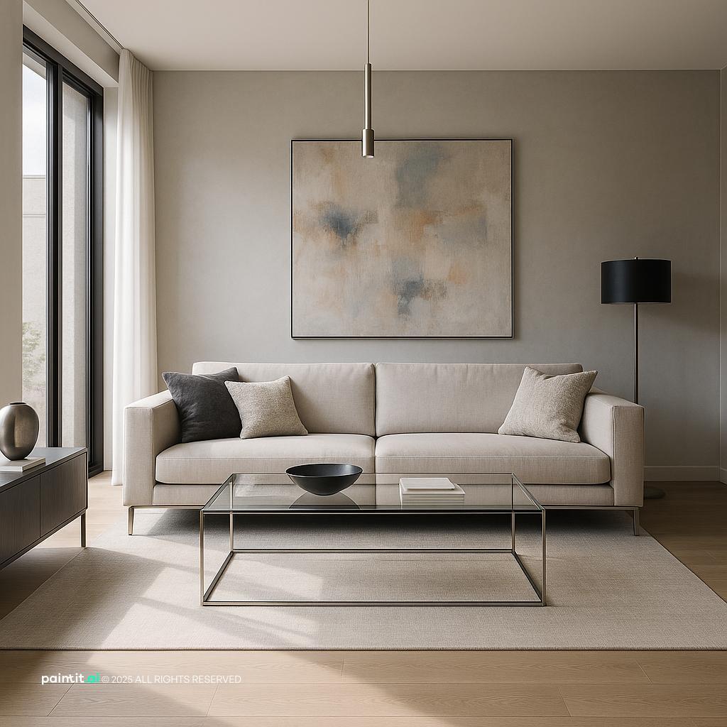 Sleek Modern Living Room Design showing soft textiles, metal accents, clean-lined furniture for Neutral Living Room Ideas.