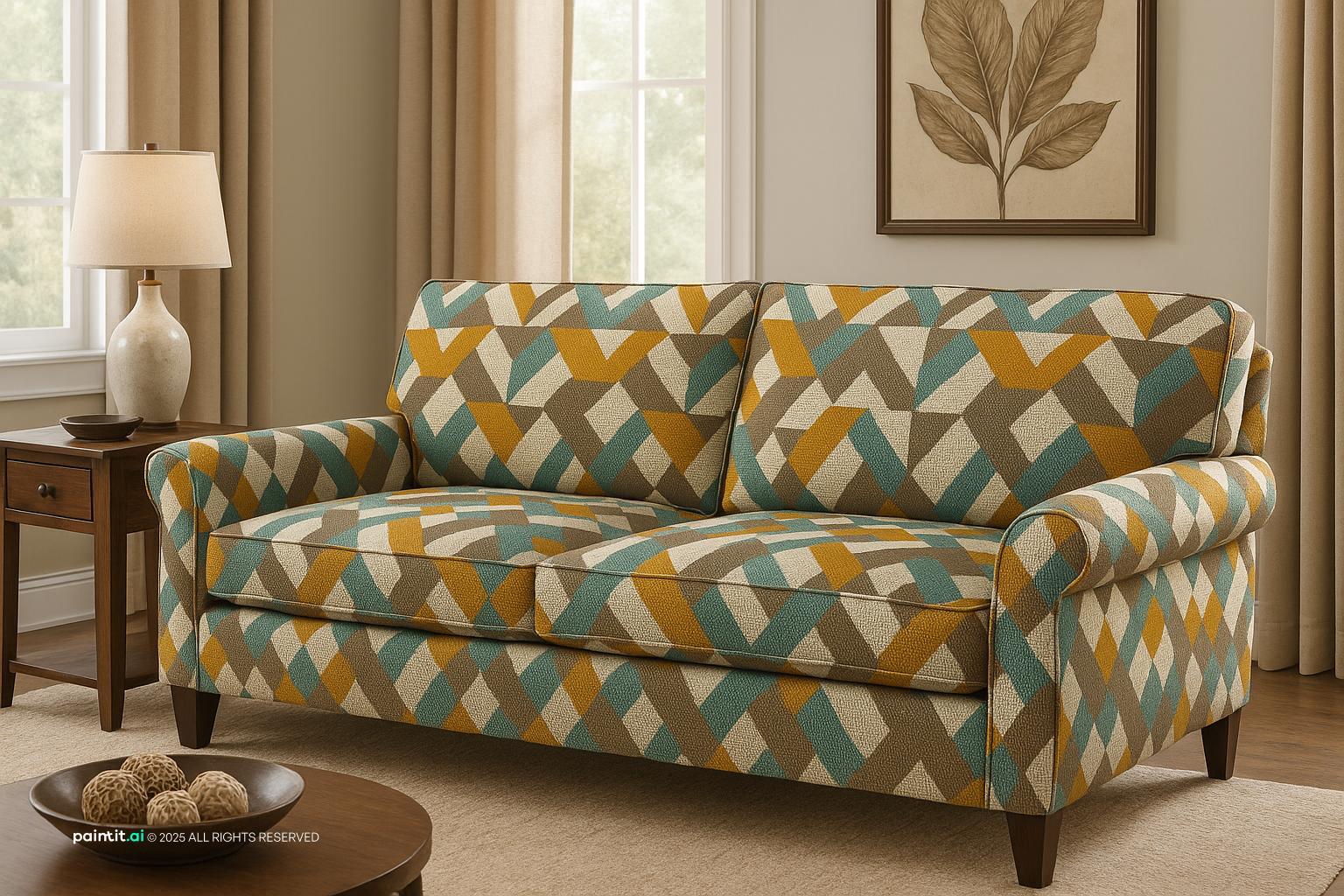 Sofa upholstered in a geometric fabric of turquoise, mustard and cream in a light living room