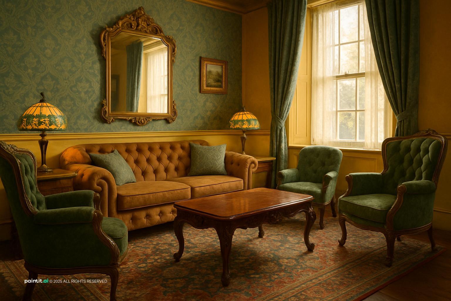 Victorian parlor with green patterned wallpaper, a leather sofa, green wingback chairs and a stained-glass lamp